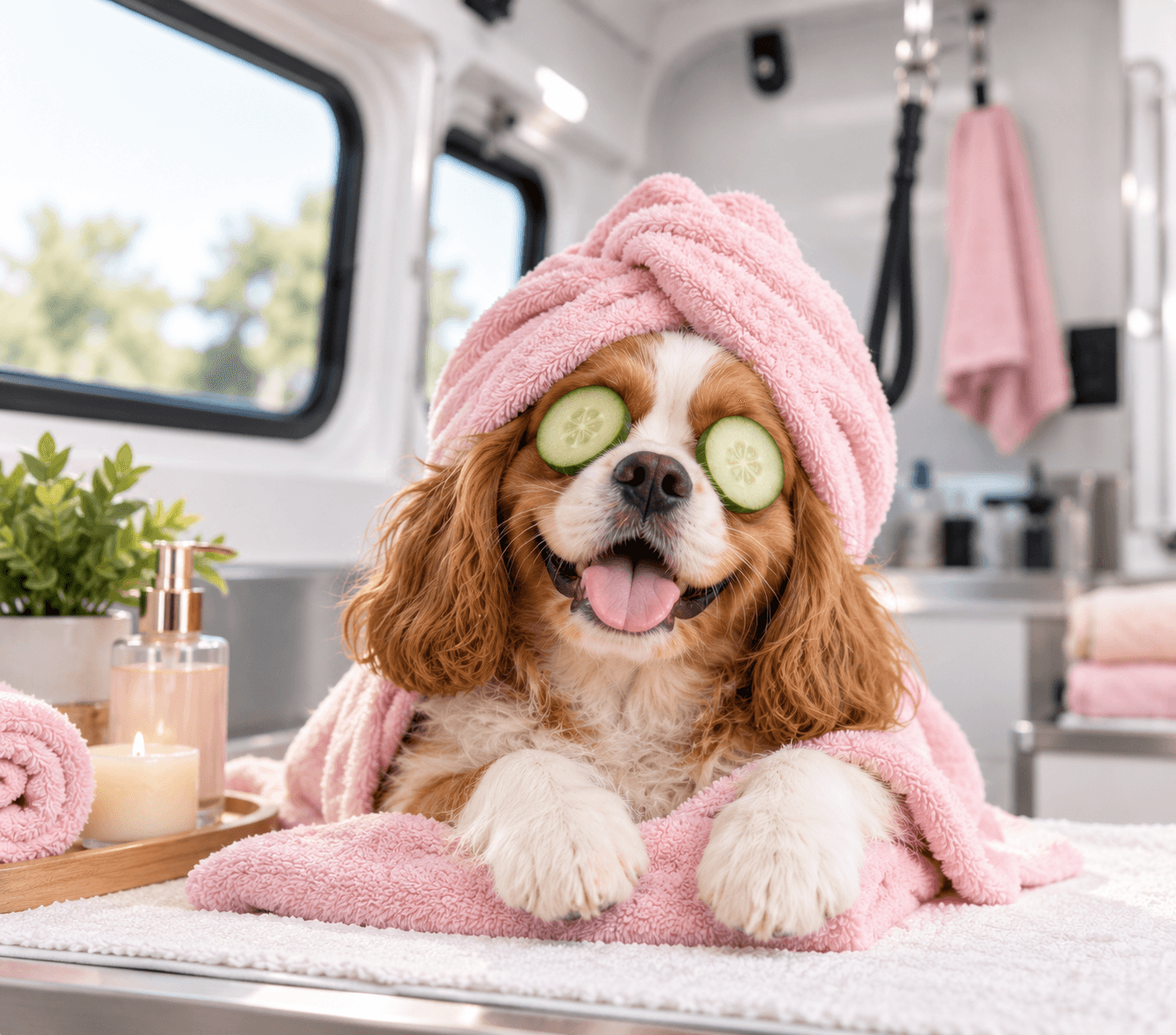 Brown-and-white dog relaxing with a towel around its head