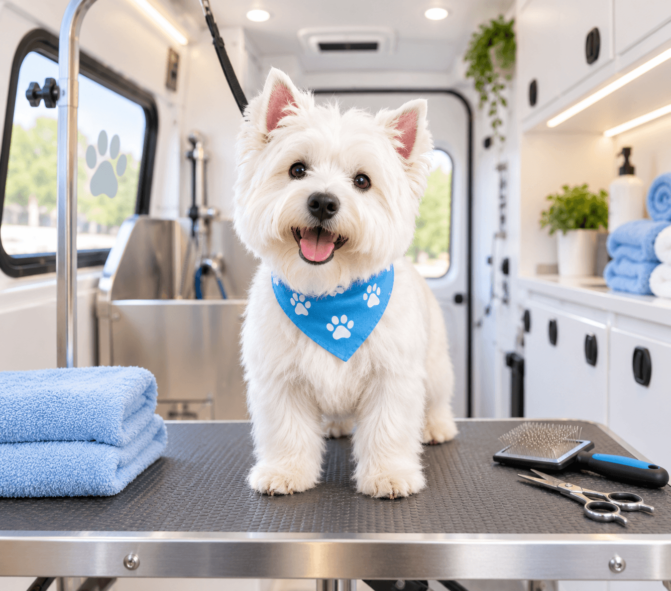 Freshly groomed white terrier wearing a blue bandana