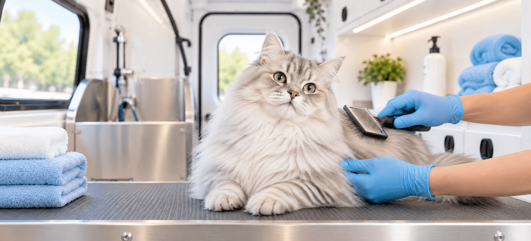Fluffy silver cat being brushed in the mobile grooming spa